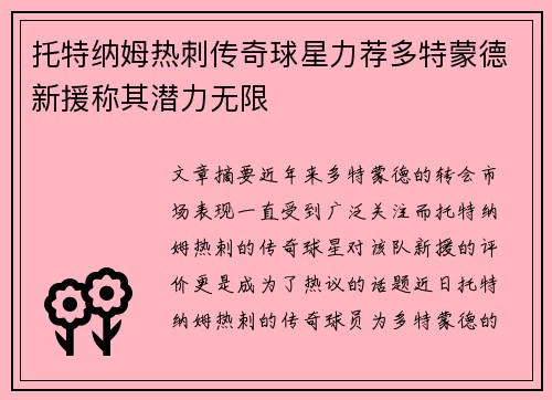 托特纳姆热刺传奇球星力荐多特蒙德新援称其潜力无限