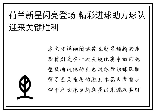 荷兰新星闪亮登场 精彩进球助力球队迎来关键胜利
