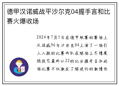 德甲汉诺威战平沙尔克04握手言和比赛火爆收场