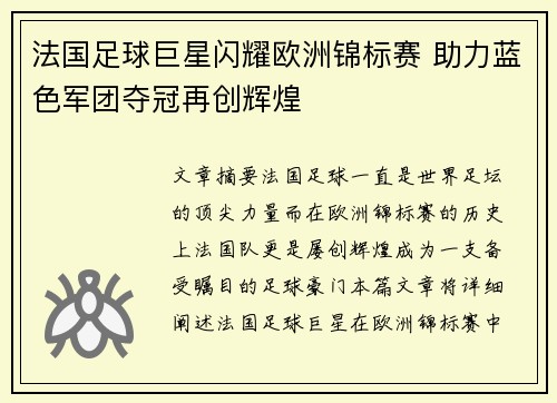 法国足球巨星闪耀欧洲锦标赛 助力蓝色军团夺冠再创辉煌