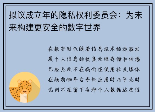 拟议成立年的隐私权利委员会：为未来构建更安全的数字世界
