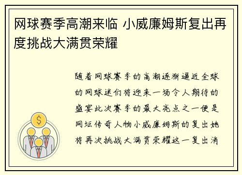 网球赛季高潮来临 小威廉姆斯复出再度挑战大满贯荣耀