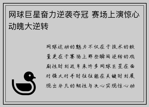 网球巨星奋力逆袭夺冠 赛场上演惊心动魄大逆转